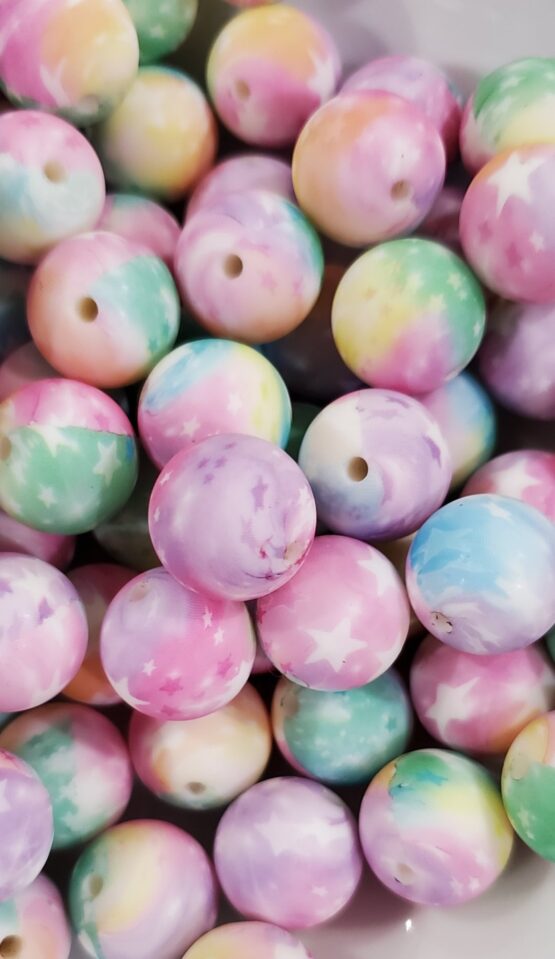 *Pastel Tie Dye w/Stars 15MM Silicone Bead (24-A)