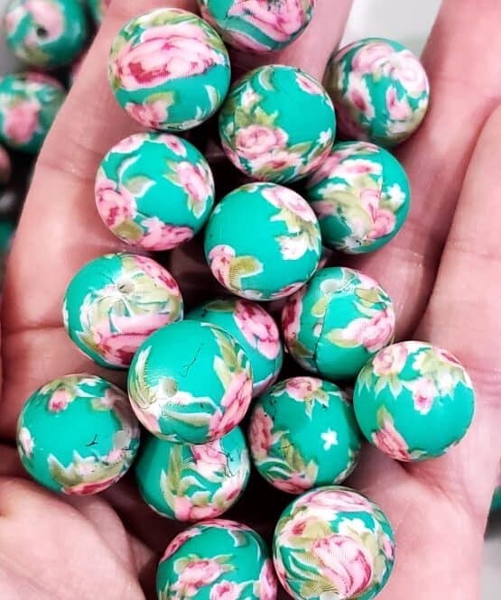 *Teal w/Pink Flowers 15MM Silicone Beads (17-A)