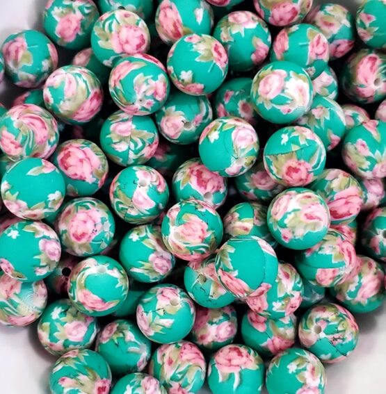 *Teal w/Pink Flowers 15MM Silicone Beads (17-A) - Image 2